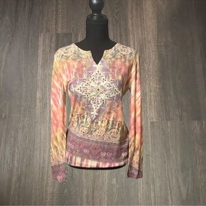 Kiara “Pink Sunset” Boho Print Long Sleeve Top – Size M